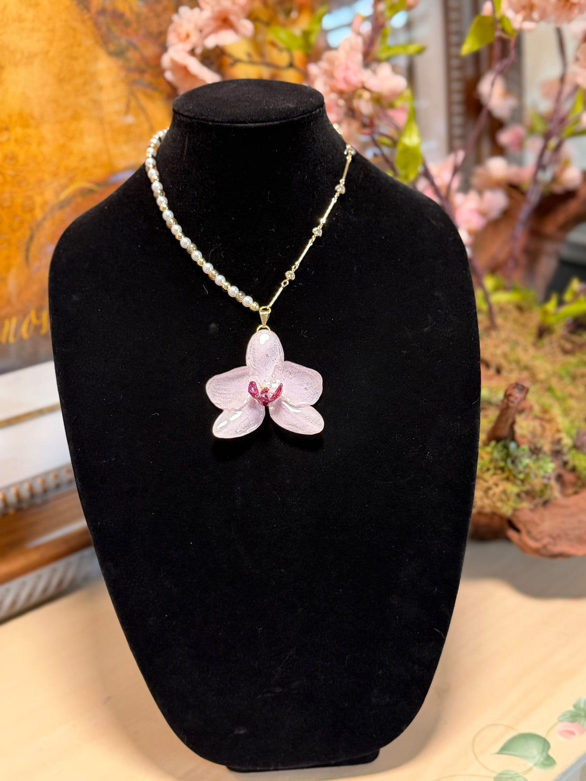 Natural Orchid Preserved in Resin Necklace with Pearl Accents & Gold-Tone Chain