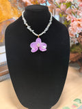 Pearl and Crystal Quartz Necklace with Natural Orchid Preserved in Resin