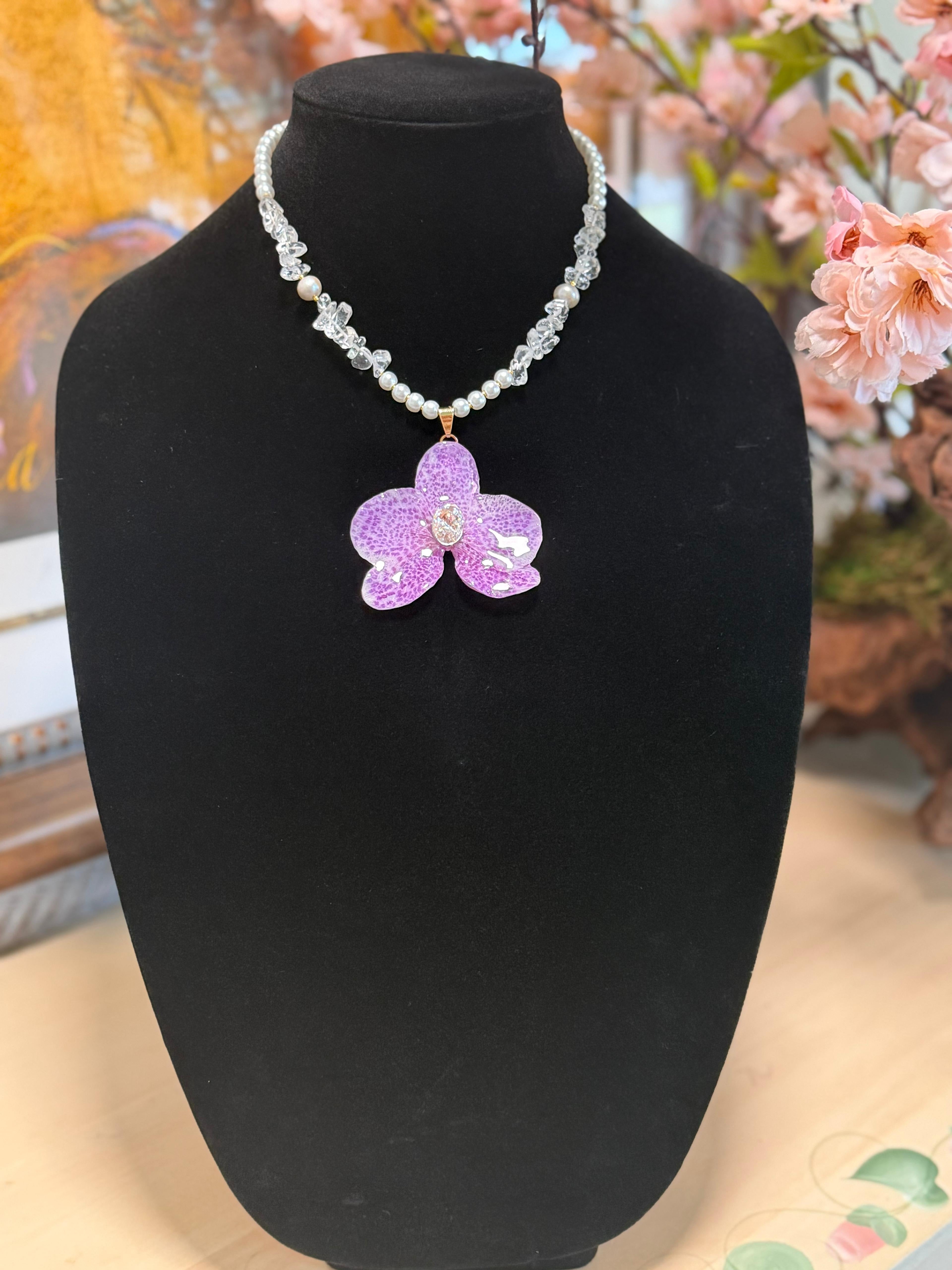 Pearl and Crystal Quartz Necklace with Natural Orchid Preserved in Resin