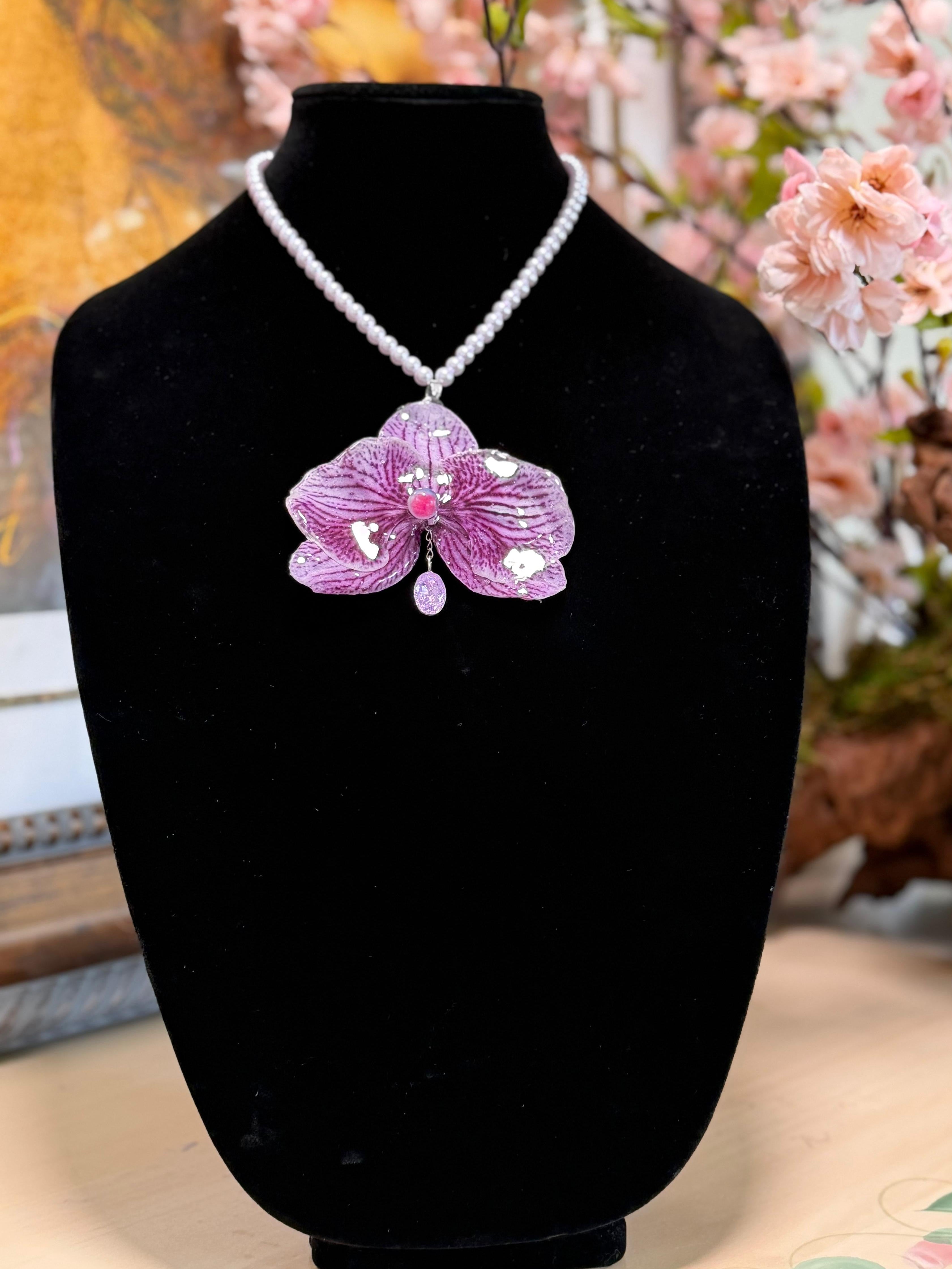 Natural Orchid Preserved in Resin Necklace with Lavender Beads and Purple Hanging Charm