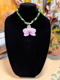 Natural Orchid Preserved in Resin Necklace with Green Gemstone Beads & Leaf Accent