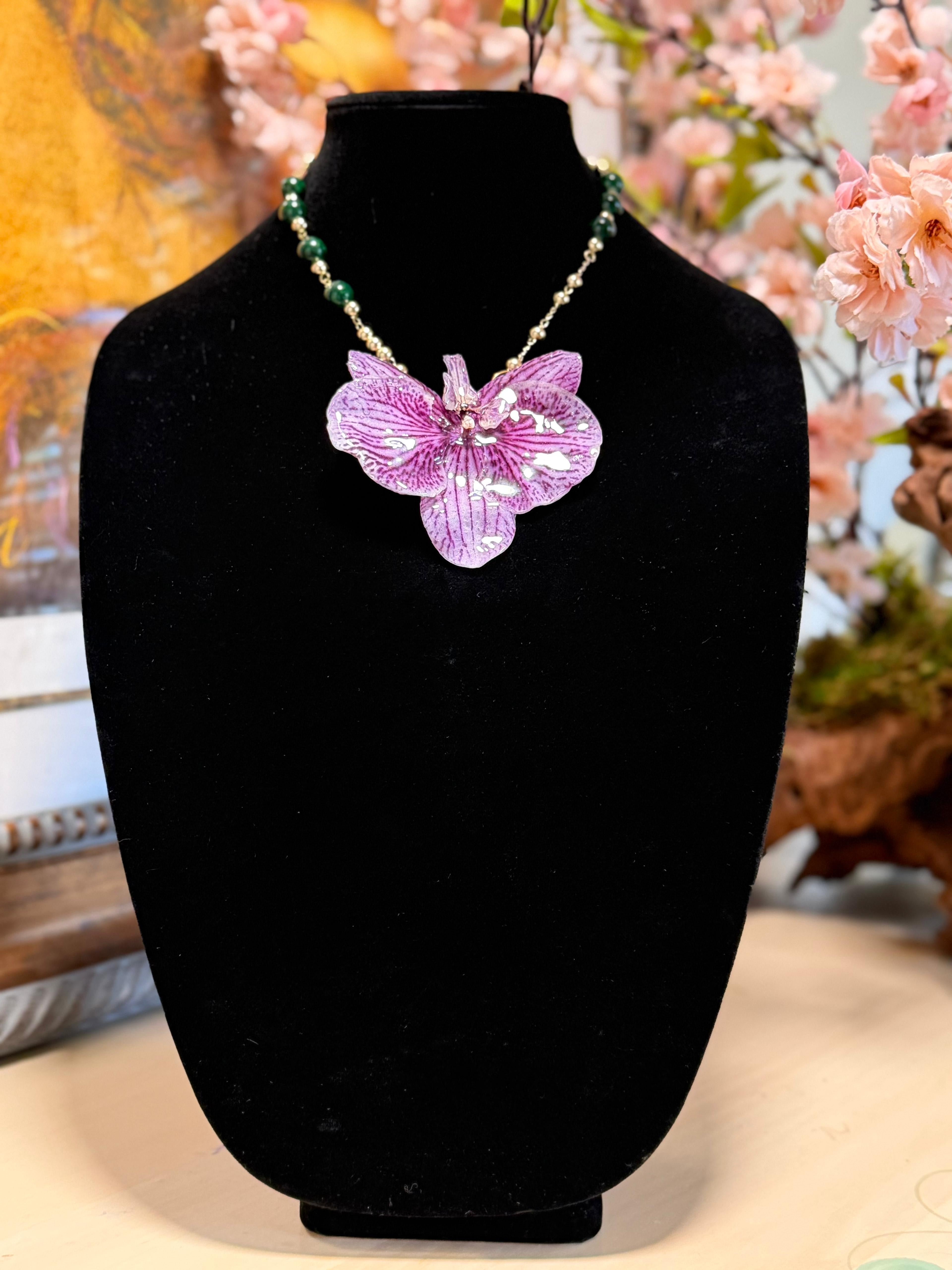 Natural Orchid Preserved in Resin Necklace with 14K Gold Chain and Green Beads