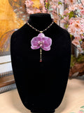 Natural Orchid Preserved in Resin Necklace with Amethyst Beads and Gold Details