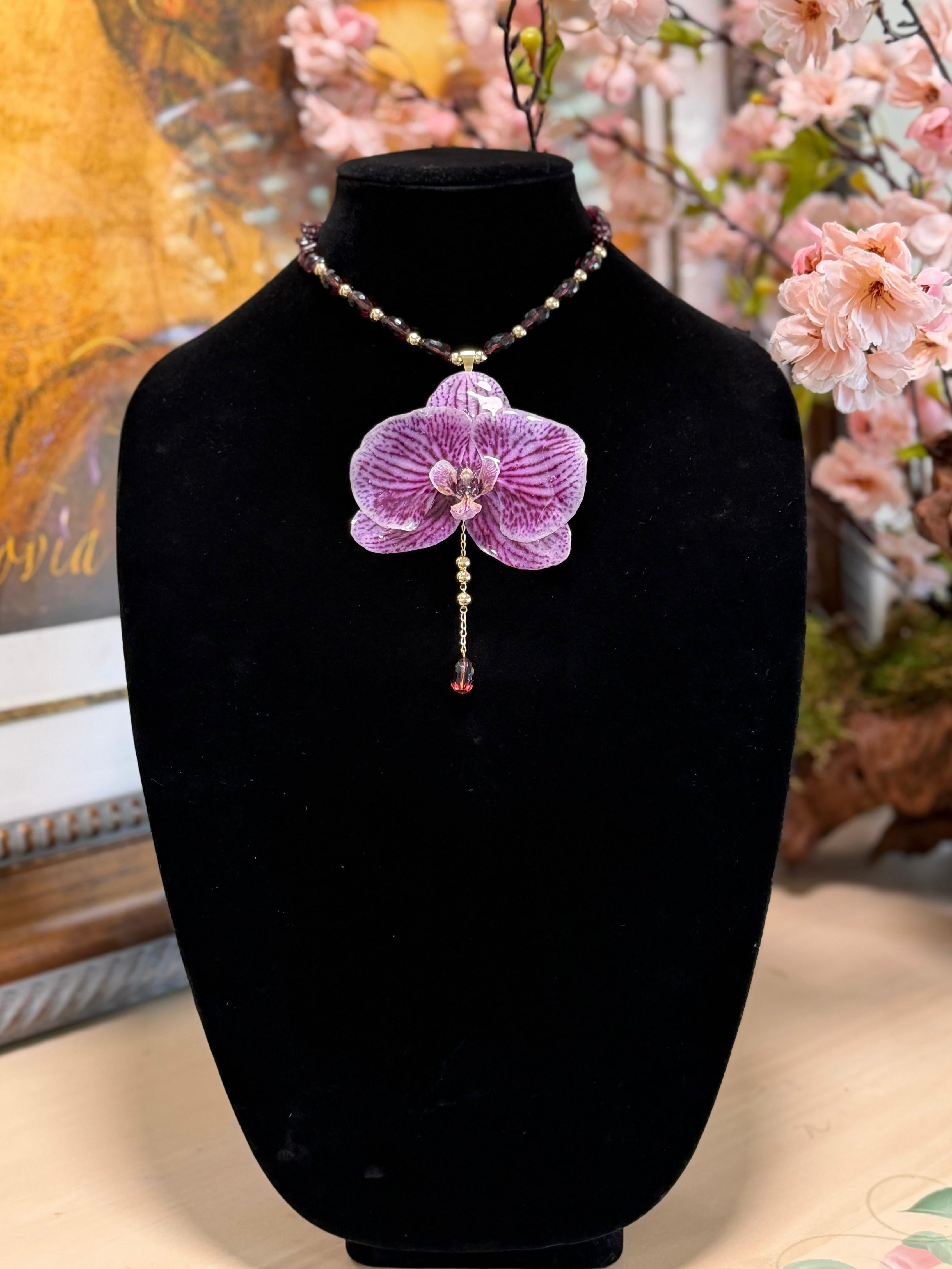 Natural Orchid Preserved in Resin Necklace with Amethyst Beads and Gold Details