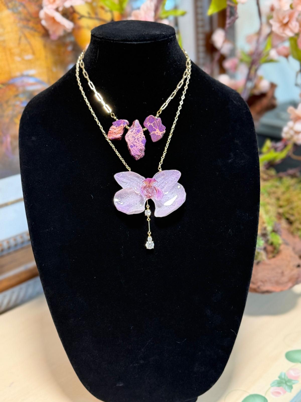 Natural Orchid Preserved in Resin Necklace with Purple Stone Accents, Layered Gold-Tone Chain & Crystal Drop