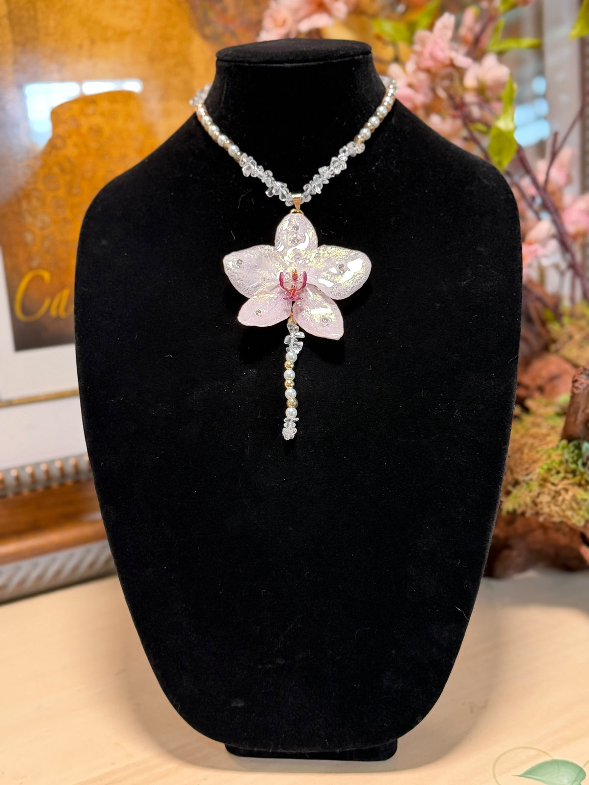 Natural Orchid Preserved in Resin Necklace with Pearl & Crystal Accents