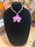 Handmade Cracked Crystal Necklace with Natural Amethyst, White Quartz & Resin-Preserved Natural Orchid