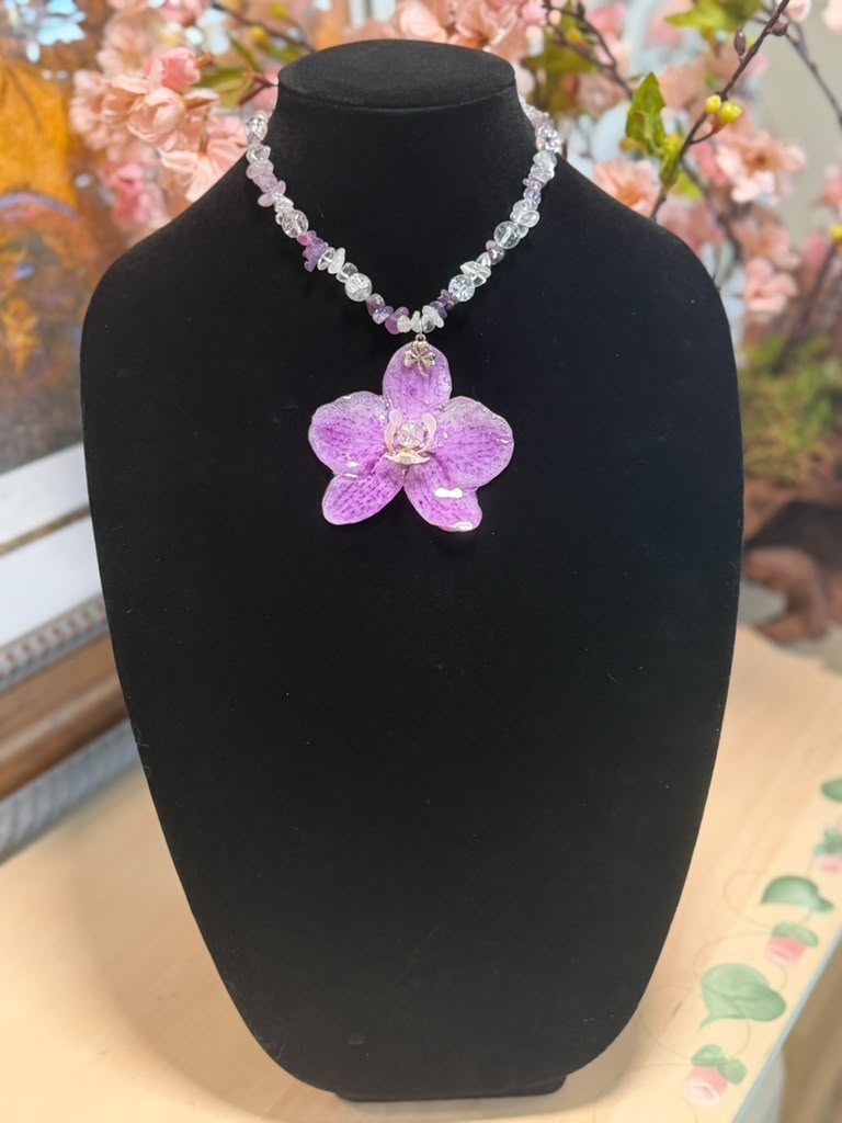 Handmade Cracked Crystal Necklace with Natural Amethyst, White Quartz & Resin-Preserved Natural Orchid