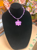 Natural Orchid Preserved in Resin Necklace with Cracked Crystal Beads, Pearls, Gold Accents & Heart Charm