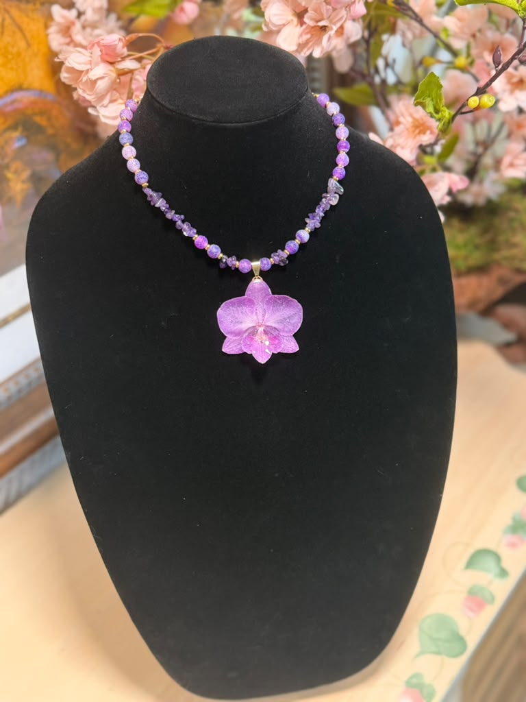 Natural Orchid Preserved in Resin Necklace with Amethyst Crystals, Cracked Beads & Gold Accents