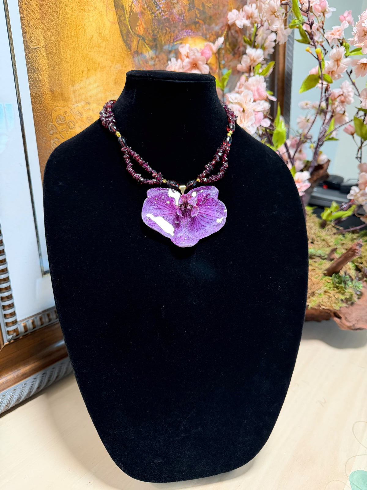 Natural Orchid Preserved in Resin Necklace with Garnet-Style Beads & Gold Accents