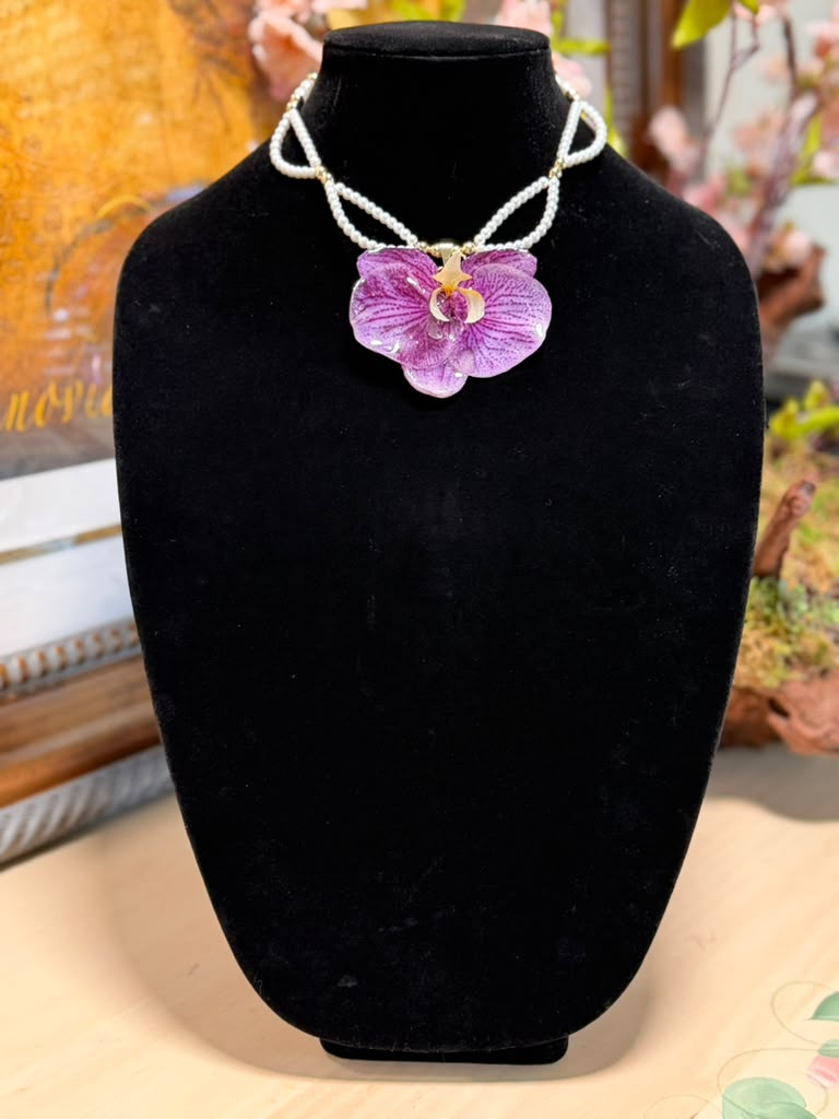 Natural Orchid Preserved in Resin Necklace with Delicate Pearl Beads & Gold Accents