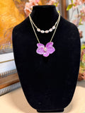 Natural Orchid Preserved in Resin Necklace with Gold-Tone Double Chain & Crystal Accents