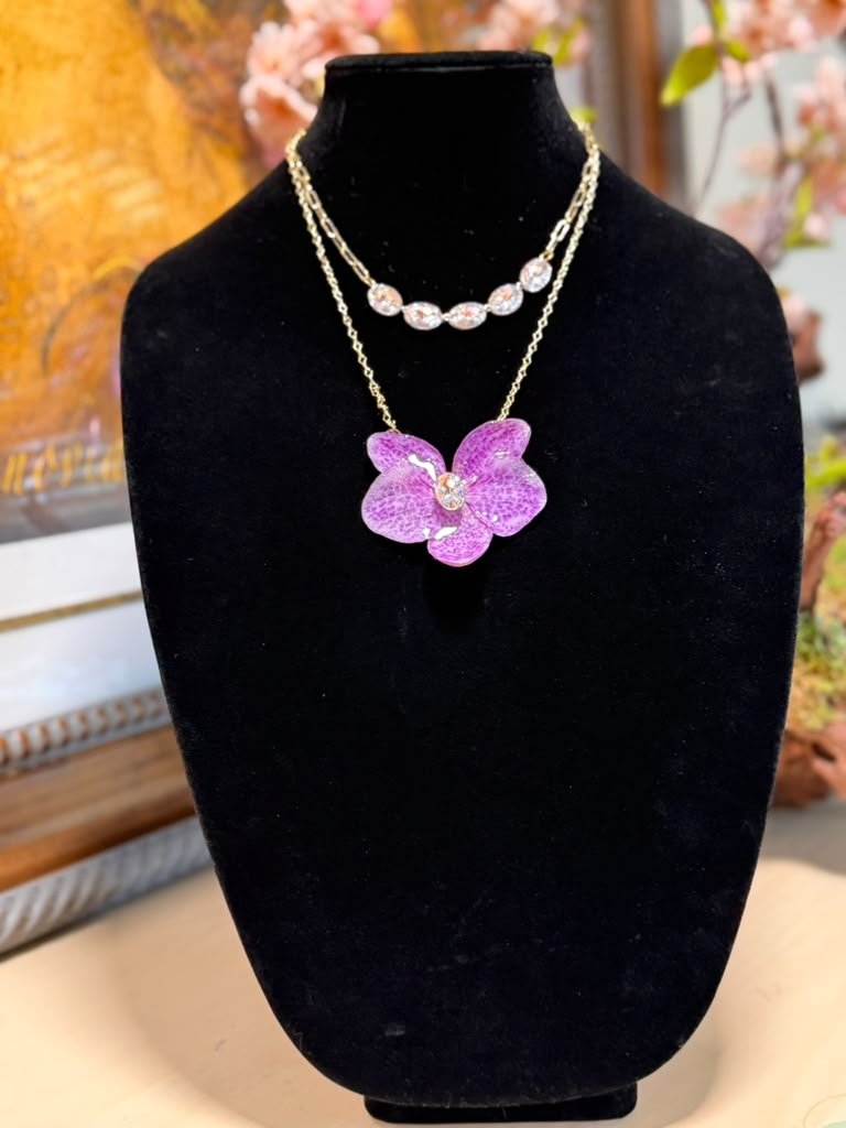 Natural Orchid Preserved in Resin Necklace with Gold-Tone Double Chain & Crystal Accents