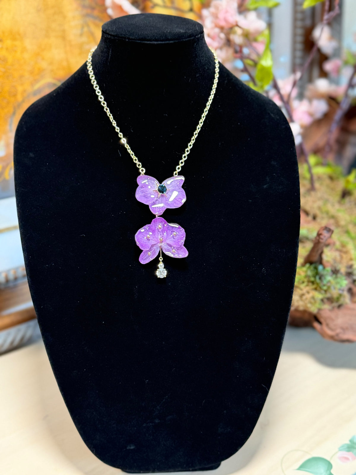 Natural Double Orchid Preserved in Resin Necklace with Gold-Tone Chain, Crystal Drop & Dark Accent