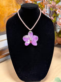 Natural Orchid Preserved in Resin Necklace with Pink Pearl Beads