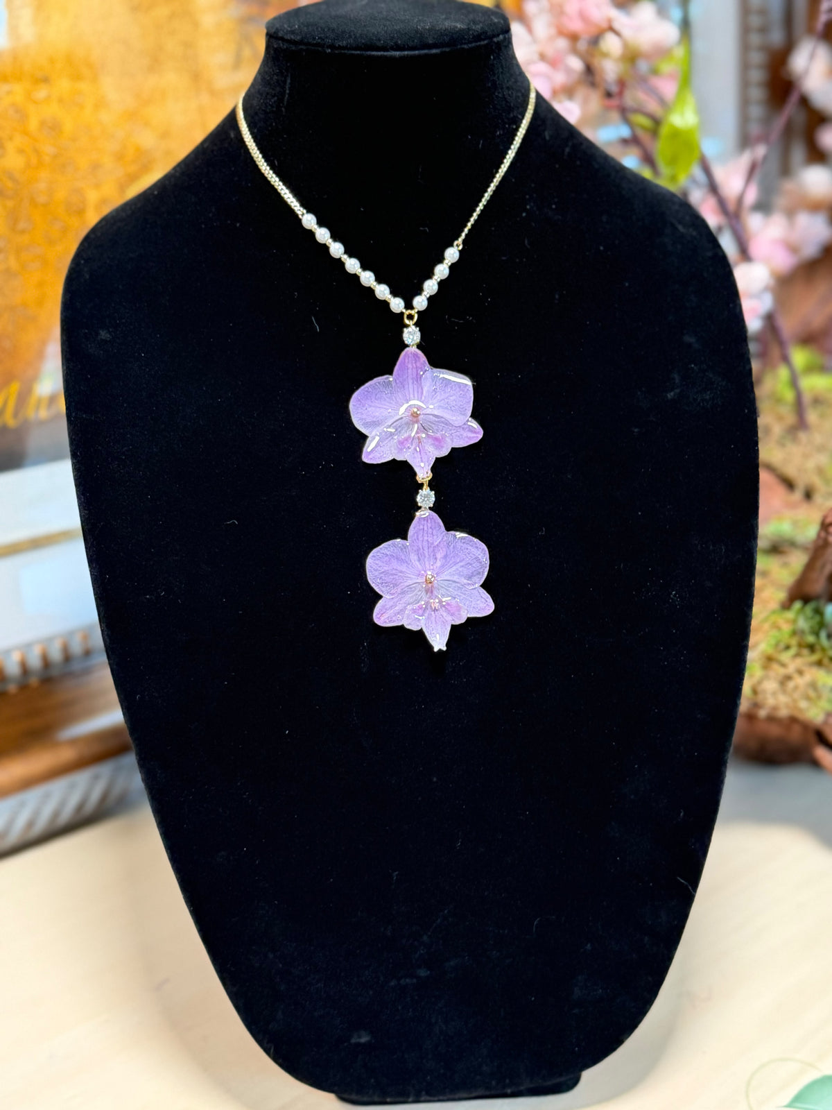 Natural Double Orchid Preserved in Resin Necklace with Pearl Accents, Gold-Tone Chain & Crystal Details