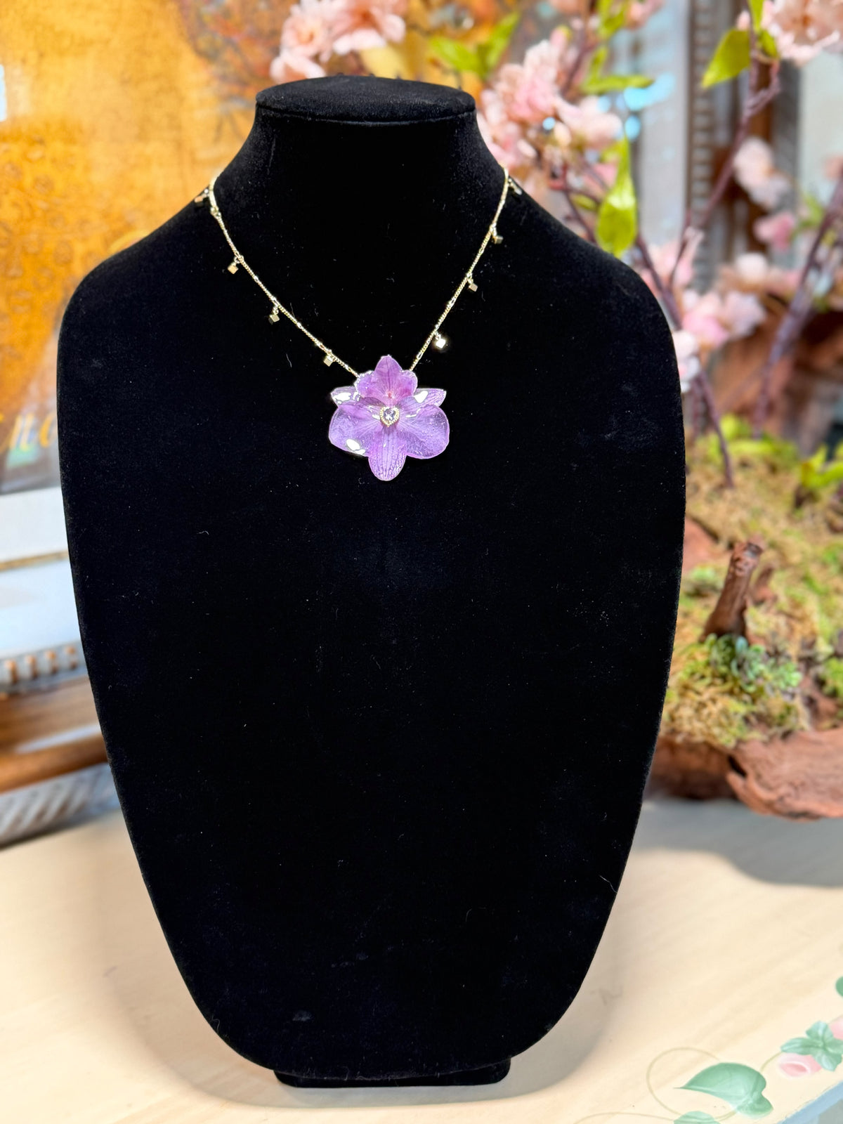 Natural Orchid Preserved in Resin Necklace with Blue Beads, Pearl Accents & Gold-Tone Details