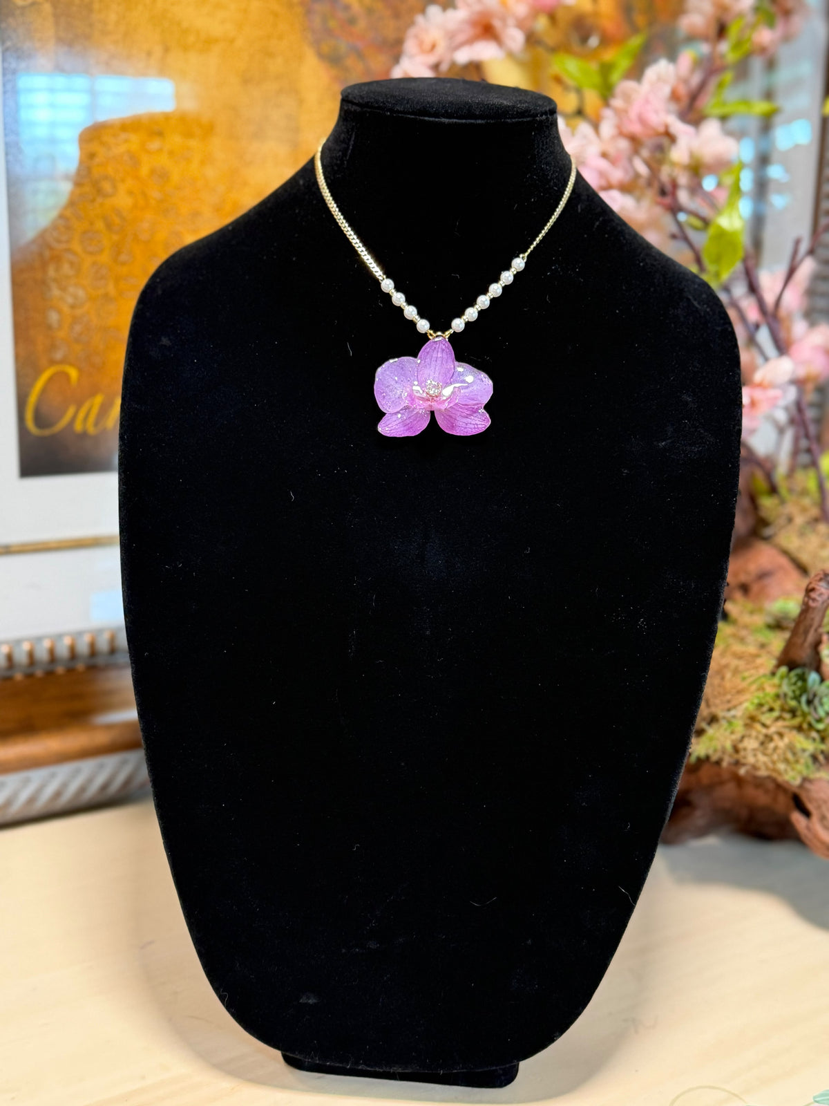 Natural Orchid Preserved in Resin Necklace with Pearl Accents & Gold-Tone Chain
