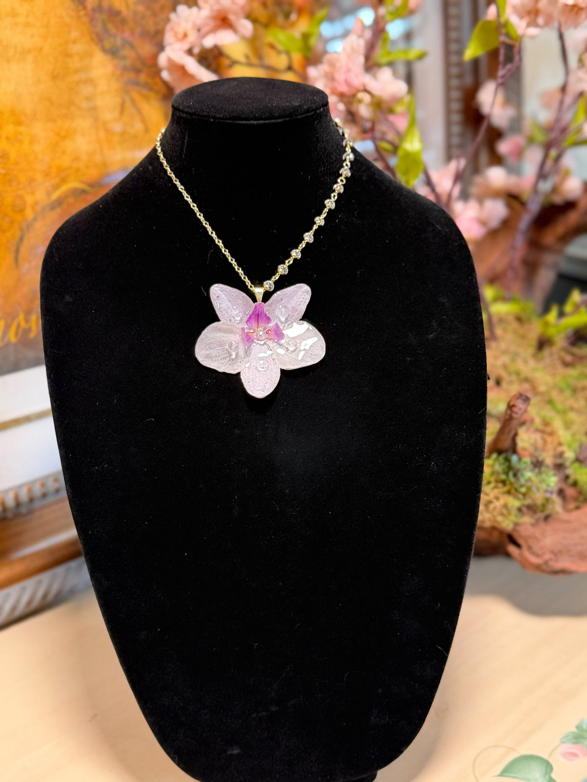 Natural Orchid Preserved in Resin Necklace with Crystal Accents & Gold-Tone Chain