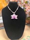Rose Quartz Necklace with Natural Orchid Preserved in Resin and Gold Accents